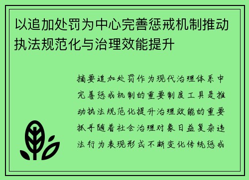 以追加处罚为中心完善惩戒机制推动执法规范化与治理效能提升